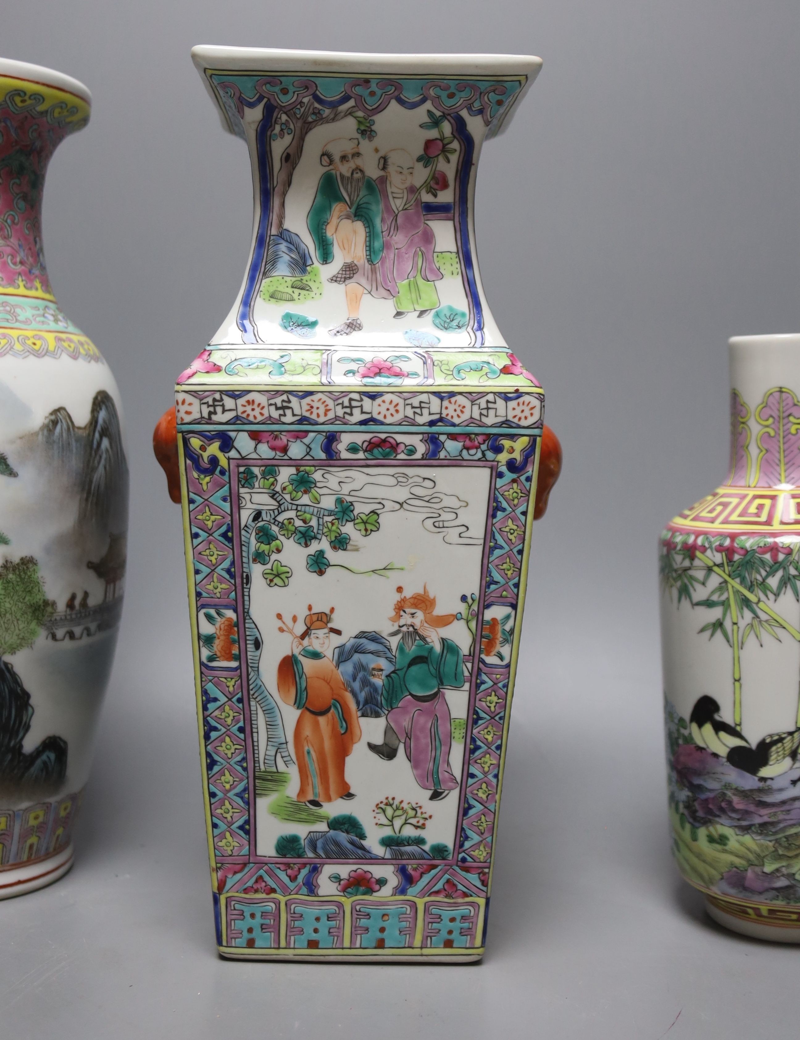 Three Chinese monochrome vases and three famille rose vases (6), tallest vase 30 cms.